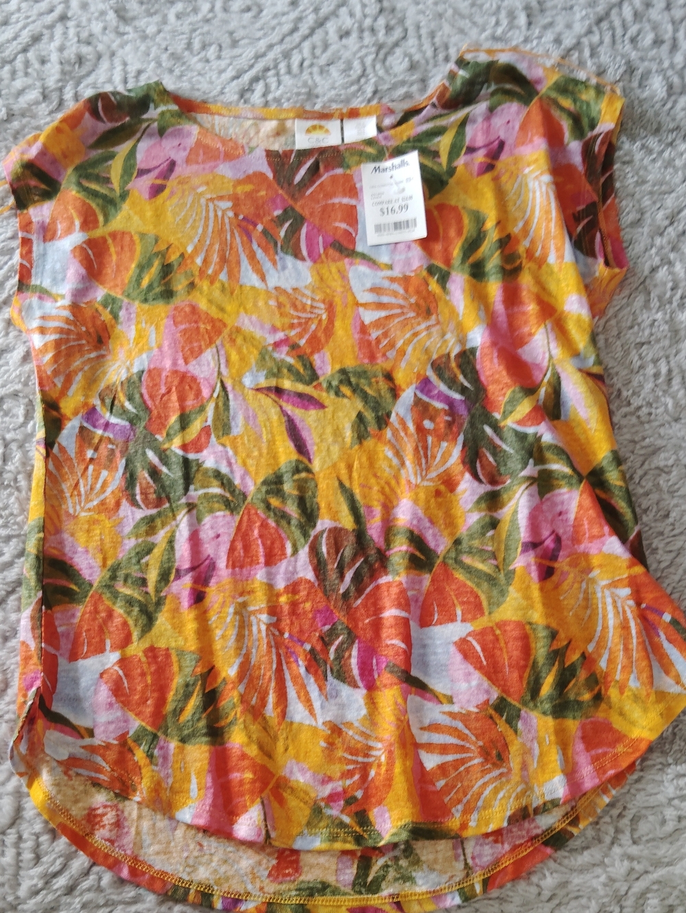 C&C California Short Sleeve Tropical Leaf Tee in Yellow, Pink, Orange